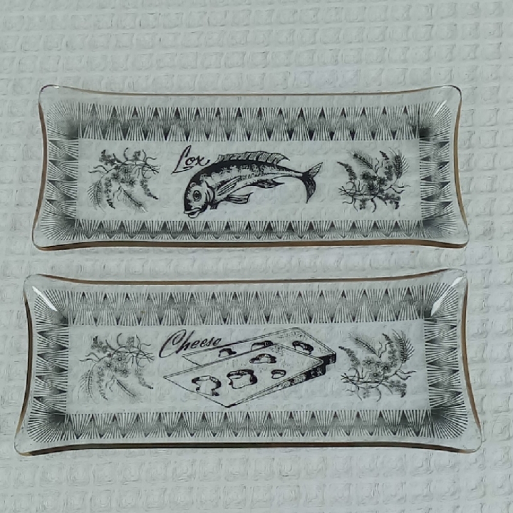 VTG MCM Lox and Cheese Appetizer Trays Clear Glass w/Black Graphics & Gold Trim